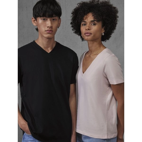Immagine T-shirt con scollo a V in tessuto single jersey pre-ristretto e filato ad anelli - #E150 V