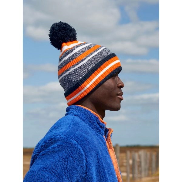 Immagine Berretto a righe multi -colore, maglia a doppio strato, con pom-pom a tinta unita - Multi-Sport Fan Beanie