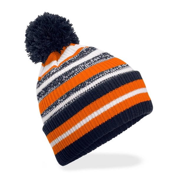 Immagine Berretto a righe multi -colore, maglia a doppio strato, con pom-pom a tinta unita - Multi-Sport Fan Beanie