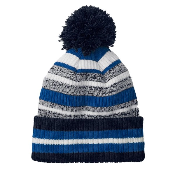 Immagine Berretto a righe multi -colore, maglia a doppio strato, con pom-pom a tinta unita - Multi-Sport Fan Beanie