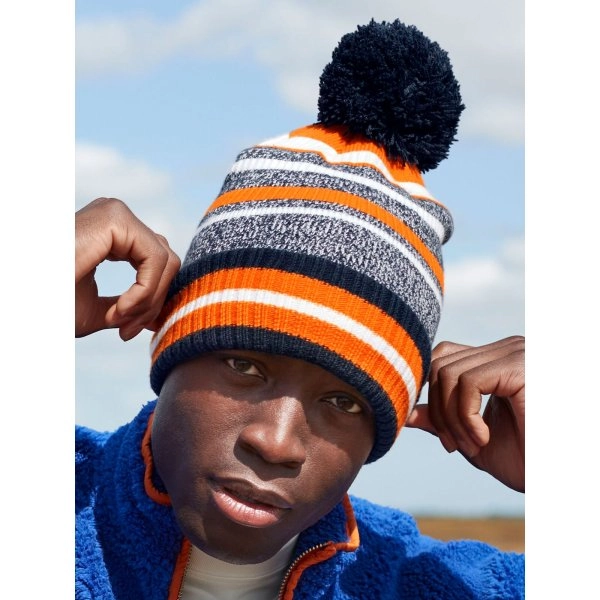 Immagine Berretto a righe multi -colore, maglia a doppio strato, con pom-pom a tinta unita - Multi-Sport Fan Beanie