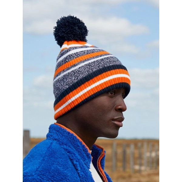 Immagine Berretto a righe multi -colore, maglia a doppio strato, con pom-pom a tinta unita - Multi-Sport Fan Beanie