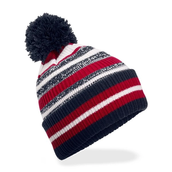 Immagine Berretto a righe multi -colore, maglia a doppio strato, con pom-pom a tinta unita - Multi-Sport Fan Beanie