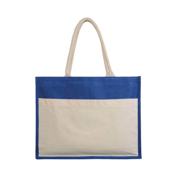 Immagine Borsa in juta con interno in PVC, soffietto, manici lunghi e tasca esterna