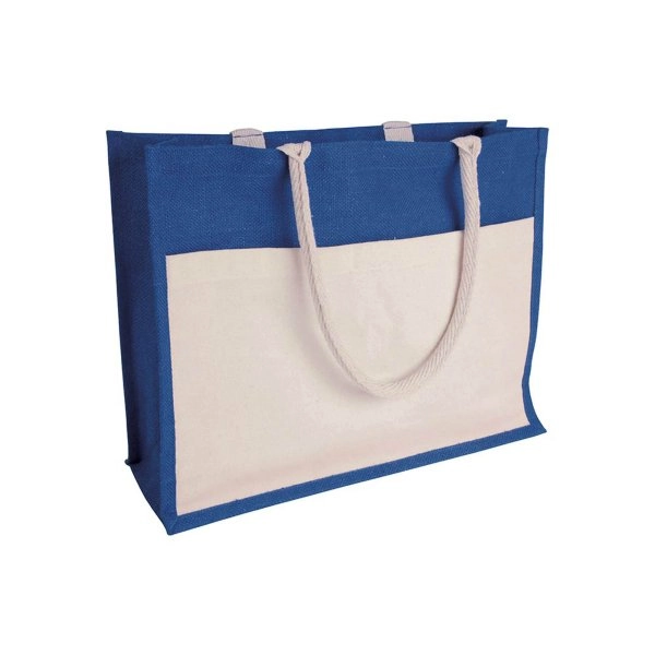 Immagine Borsa in juta con interno in PVC, soffietto, manici lunghi e tasca esterna