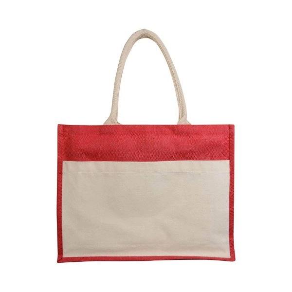 Immagine Borsa in juta con interno in PVC, soffietto, manici lunghi e tasca esterna
