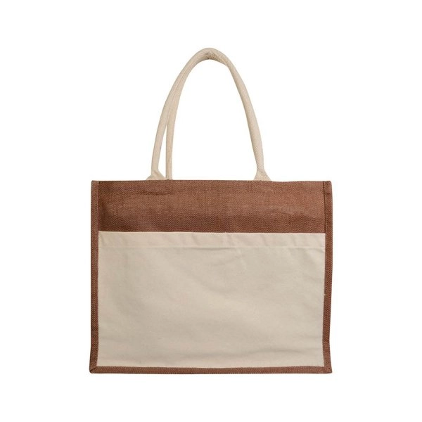 Immagine Borsa in juta con interno in PVC, soffietto, manici lunghi e tasca esterna