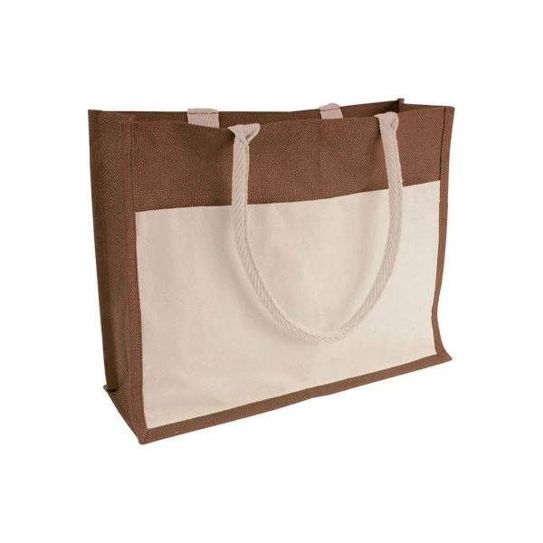 Borsa in juta con interno in PVC, soffietto, manici lunghi e tasca esterna