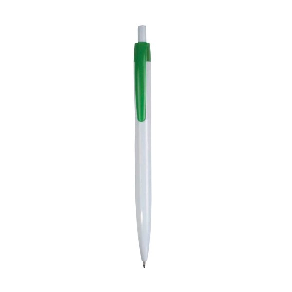 Immagine Penna a scatto in plastica, fusto bianco e clip colorata