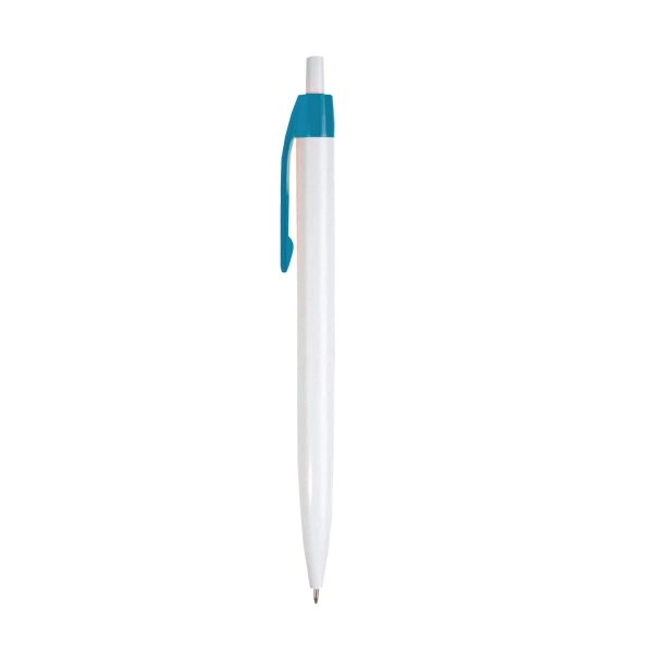 Immagine Penna a scatto in plastica, fusto bianco e clip colorata