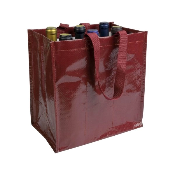 Shopper porta bottiglie (6 posti) in PP laminato 120 g/m2, manici corti a nastro