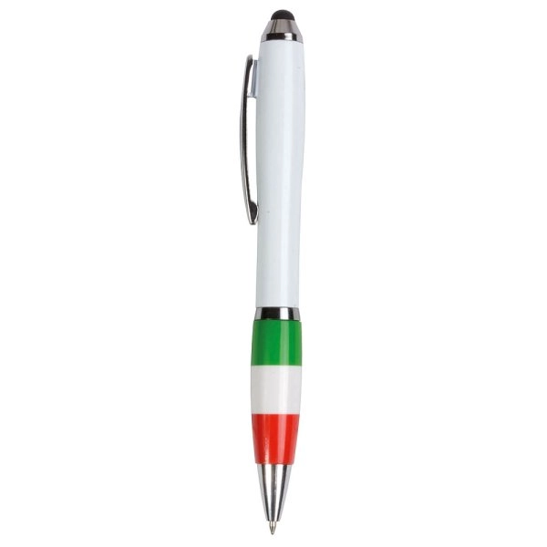 Immagine Penna twist in plastica con fusto bianco, impugnatura tricolore e gommino per touch screen
