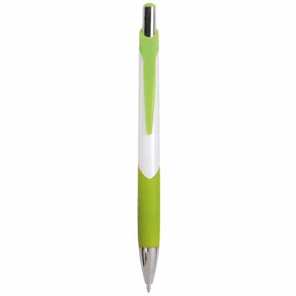 Penna a scatto in plastica con fusto bianco, impugatura gommata e colorata
