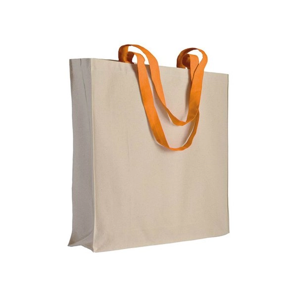 Immagine Shopper con soffietto in cotone naturale 220 g/m2, manici lunghi colorati