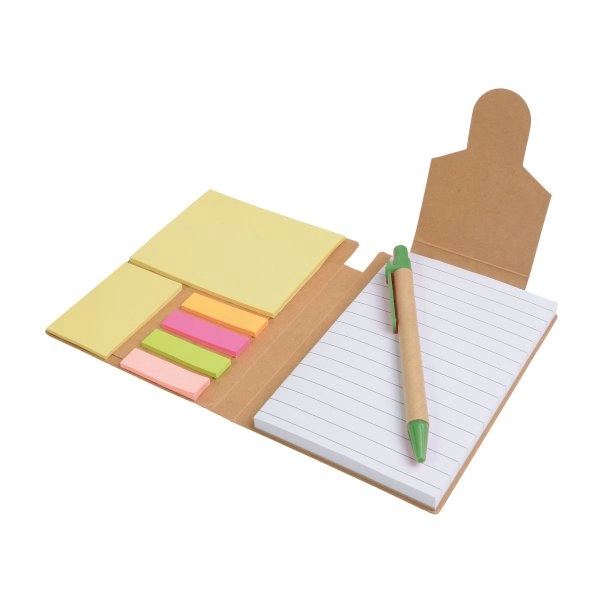 Immagine Block notes in carta riciclata, con penna in cartone e foglietti adesivi