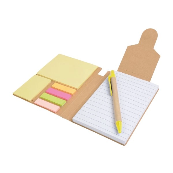 Immagine Block notes in carta riciclata, con penna in cartone e foglietti adesivi