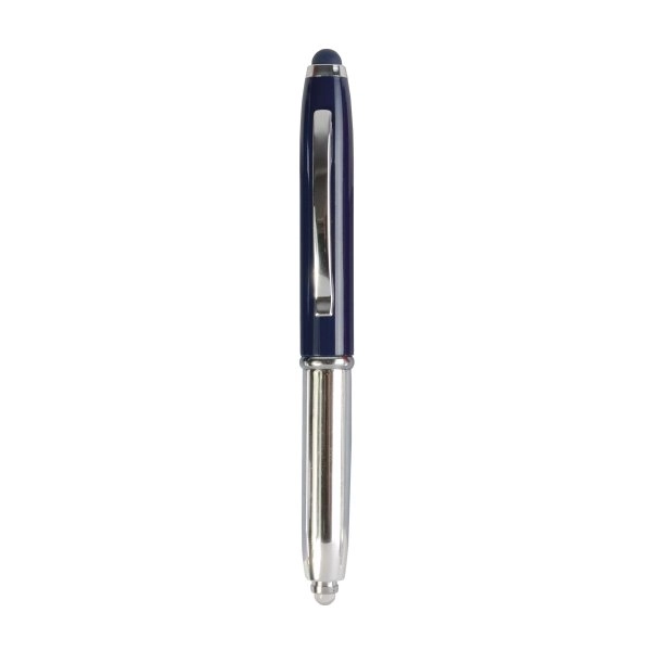 Mini penna in plastica color argento, con cappuccio e clip in metallo, con luce