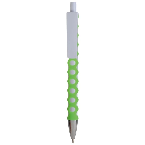 Penna a scatto in plastica con fusto, clip e pulsante bianchi, rivestimento gommato