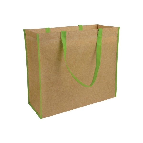 Immagine Shopper con soffietto in TNT laminato, manici lunghi a nastro colorati