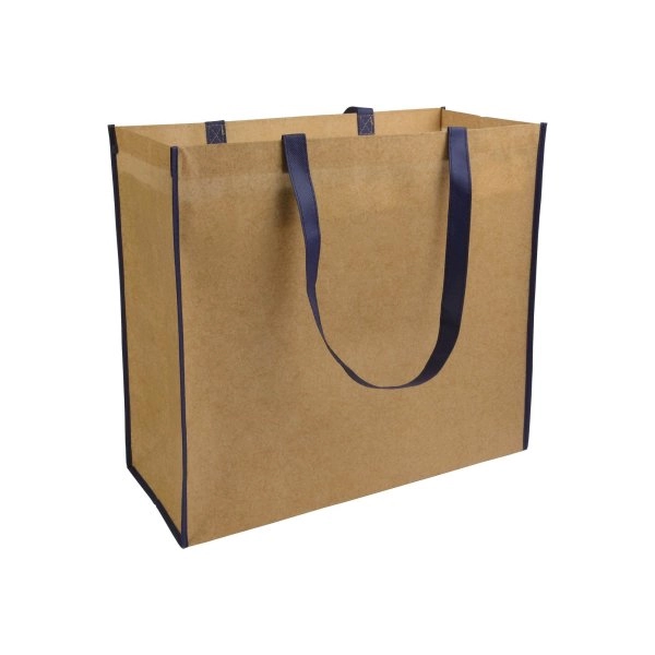 Shopper con soffietto in TNT laminato, manici lunghi a nastro colorati