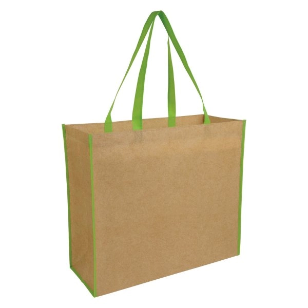 Immagine Shopper con soffietto in TNT laminato, manici lunghi a nastro colorati