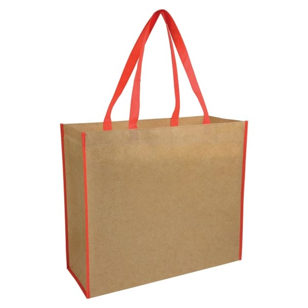 Immagine Shopper con soffietto in TNT laminato, manici lunghi a nastro colorati
