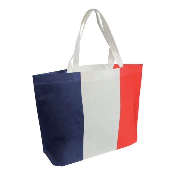 Shopper in TNT termosaldato con stampa tricolore, soffietto alla base e manici lunghi