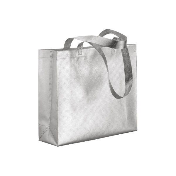 Immagine Shopper in TNT laminato metallizzata, manici lunghi e soffietto