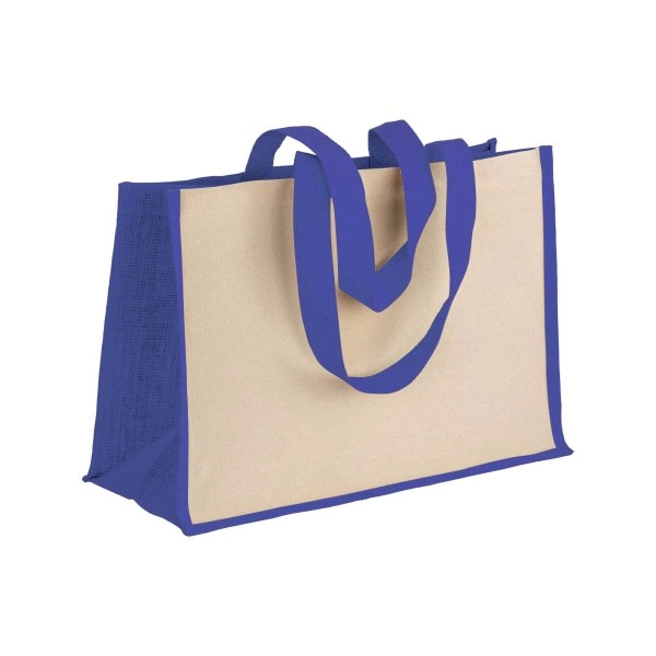 Shopper in cotone 280 g/m2 con soffietto dettagli in juta, manici lunghi