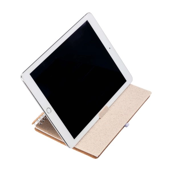Immagine Quaderno ad anelli in sughero trasformabile in stand portacellulare.