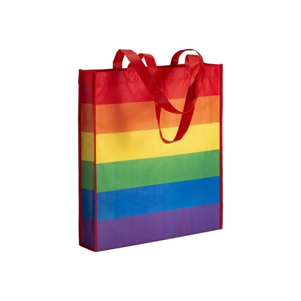 Shopper arcobaleno in r-pet 80g/m2, manici lunghi e soffietto