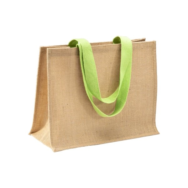 Borsa in juta, manici lunghi colorati e soffietto