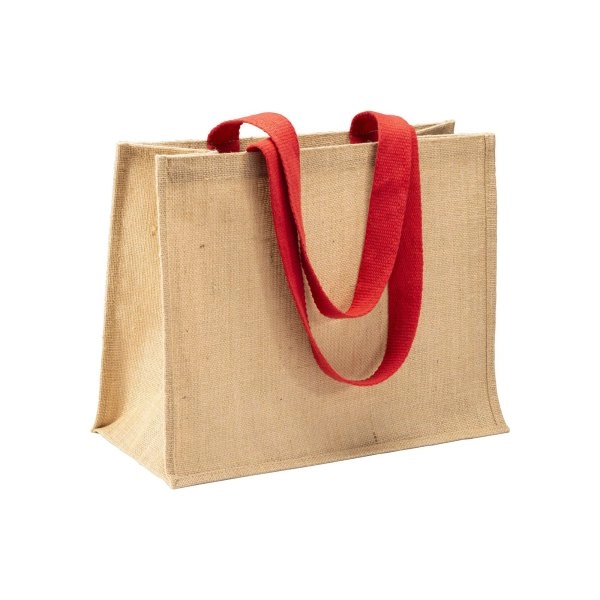 Immagine Borsa in juta, manici lunghi colorati e soffietto