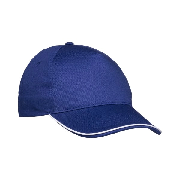 Cappellino in cotone 5 pannelli, visiera sandwich in contrasto con chiusura con velcro