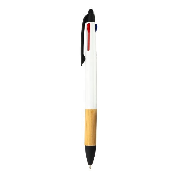 Immagine Penna a scatto in plastica con 3 refill, con gommino per touch screen, impugnatura in bamb
