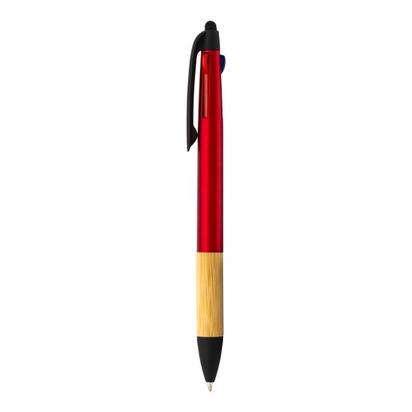 Immagine Penna a scatto in plastica con 3 refill, con gommino per touch screen, impugnatura in bamb