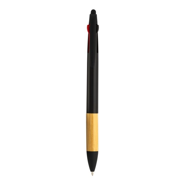 Immagine Penna a scatto in plastica con 3 refill, con gommino per touch screen, impugnatura in bamb