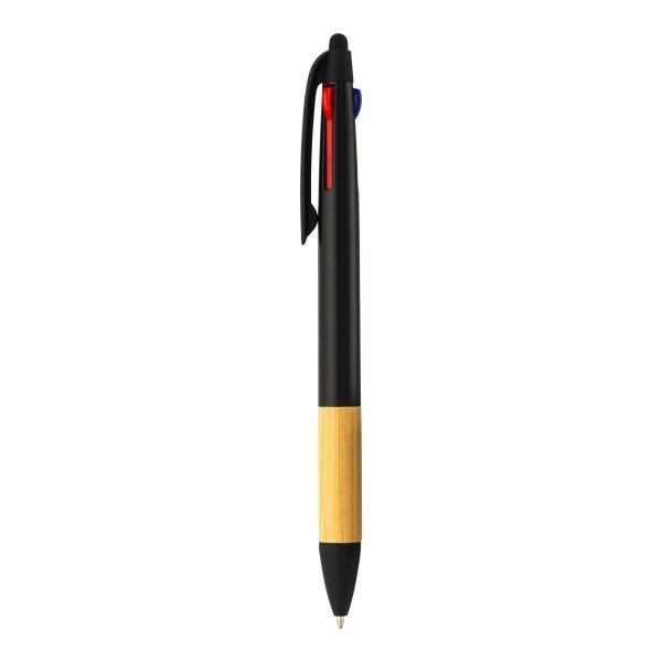 Immagine Penna a scatto in plastica con 3 refill, con gommino per touch screen, impugnatura in bamb