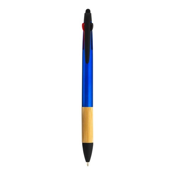 Penna a scatto in plastica con 3 refill, con gommino per touch screen, impugnatura in bamb