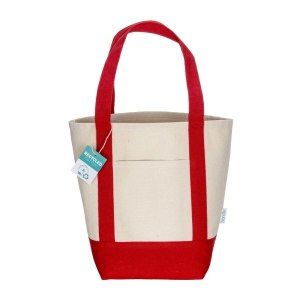 Immagine Mini borsa shopper in cotone riciclato da 340 g/m2 con manici e base colorati. GRS