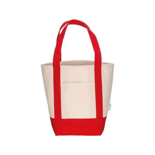 Immagine Mini borsa shopper in cotone riciclato da 340 g/m2 con manici e base colorati. GRS