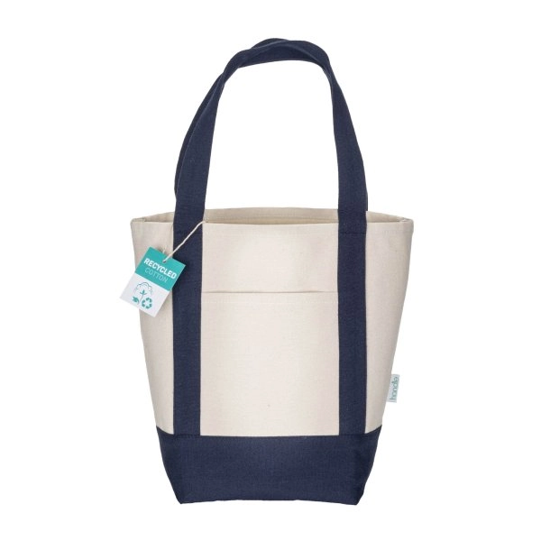 Immagine Mini borsa shopper in cotone riciclato da 340 g/m2 con manici e base colorati. GRS