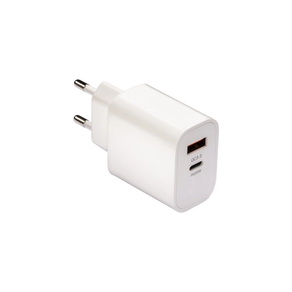 Caricabatterie USB in ABS con 1 porta USB A e 1 porta USB-C. spina europea a 2 poli