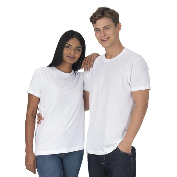 Immagine T-shirt unisex bianca in cotone e poliestere rigenerati da 145 g/m2