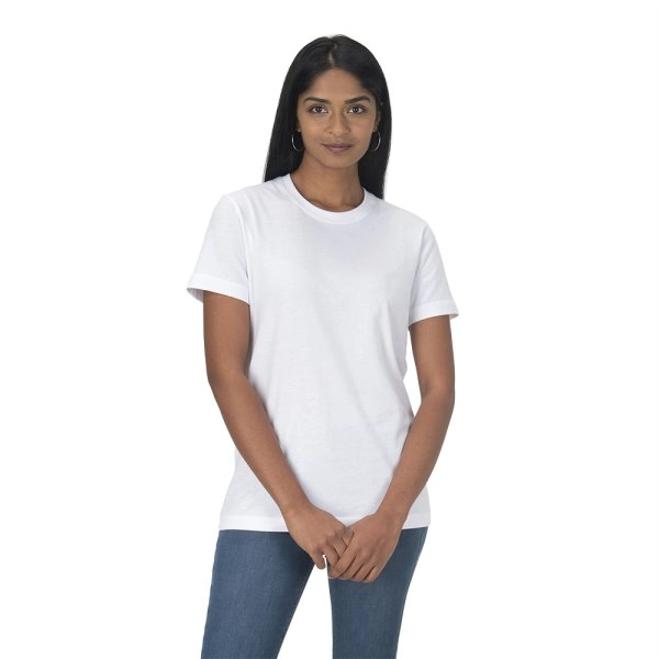 Immagine T-shirt unisex bianca in cotone e poliestere rigenerati da 145 g/m2