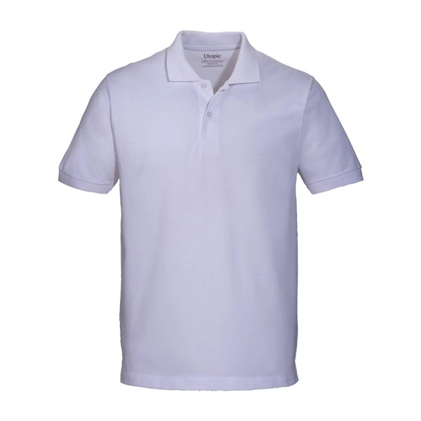 Polo unisex bianca in cotone e poliestere rigenerati da 200 g/m2