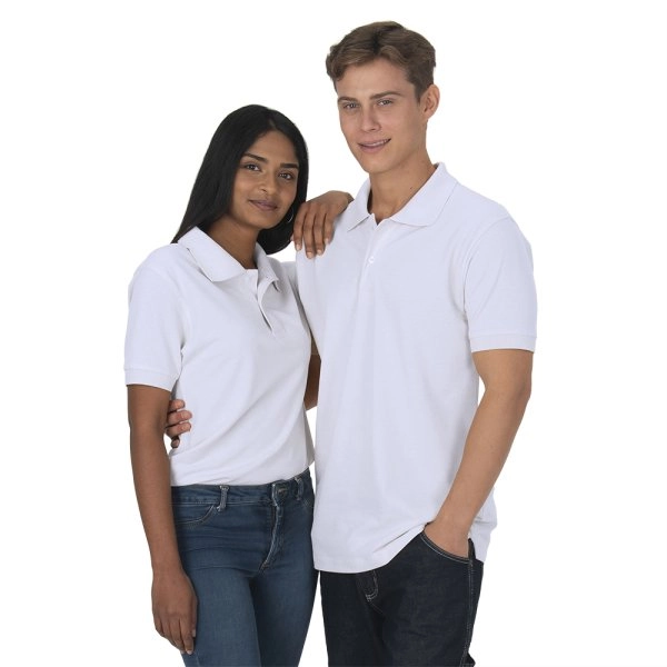 Immagine Polo unisex bianca in cotone e poliestere rigenerati da 200 g/m2