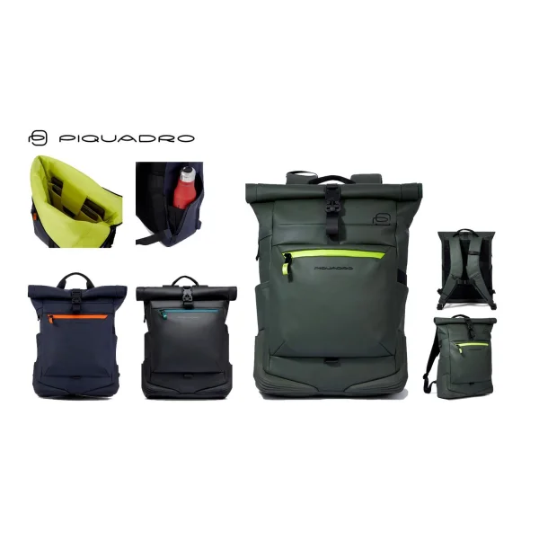 ZAINO ROLL-TOP PORTA COMPUTER IN TESSUTO GOMMATO PIQUADRO