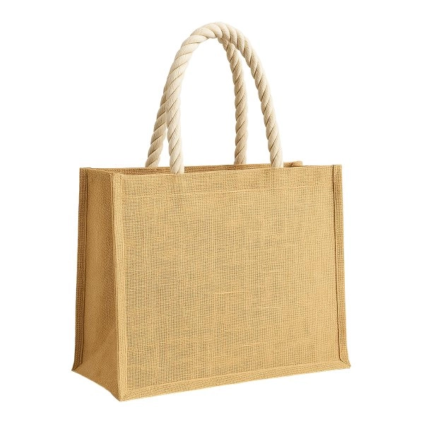 Borsa in juta con manici lunghi in corda e inserti colorati. Con soffietto