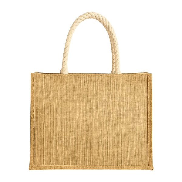 Immagine Borsa in juta con manici lunghi in corda e inserti colorati. Con soffietto
